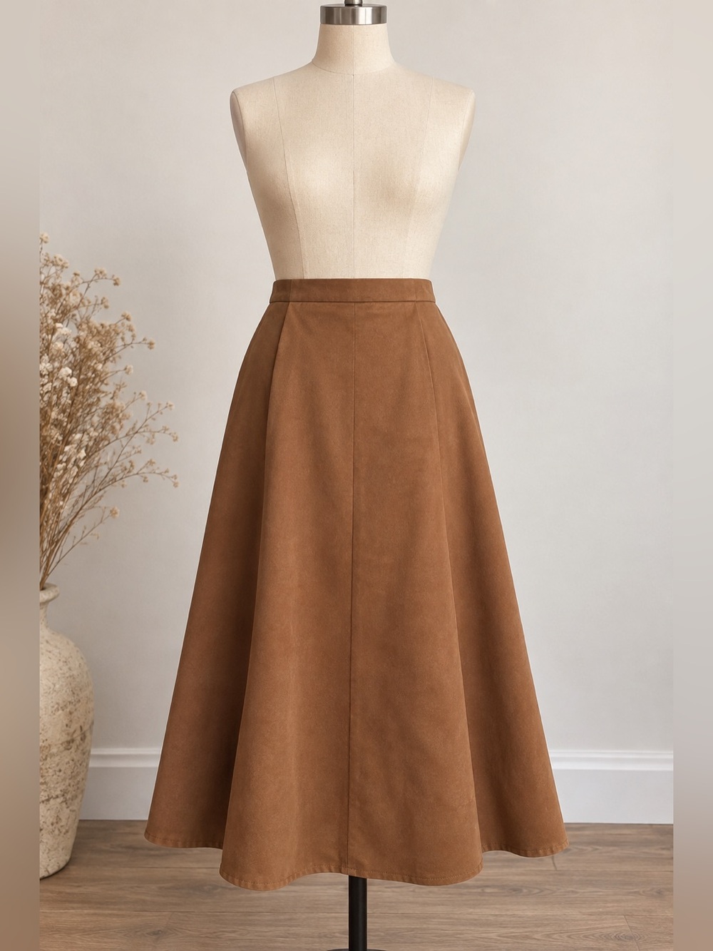 Vintage 90s Casual Corner Brown Faux Suede A-Line Midi Skirt Size 14